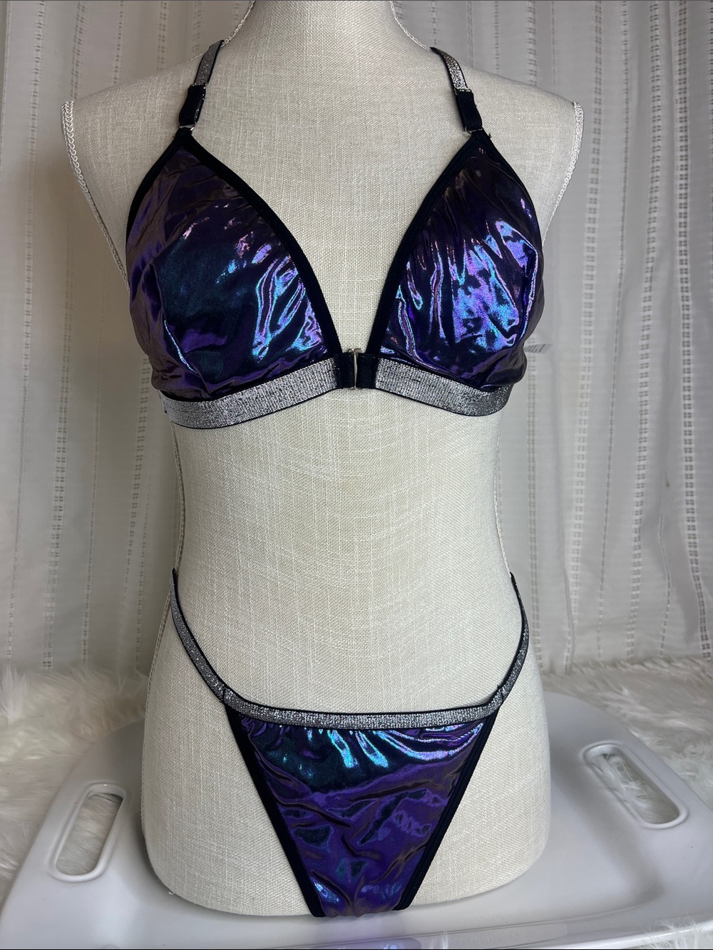 Iridescent Purple Triangle Bra & Panty Set with Silver Heart Rhinestone Trim - Picture 4 of 8
